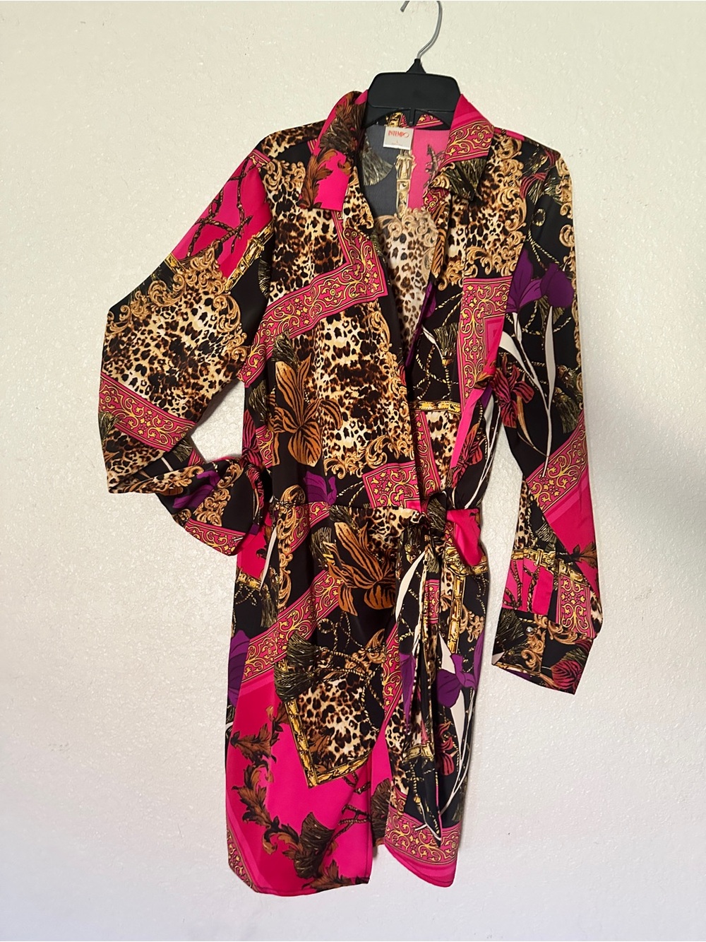 Vibrant Mixed Print Shirt Dress with Belt - Pink, Black, Gold